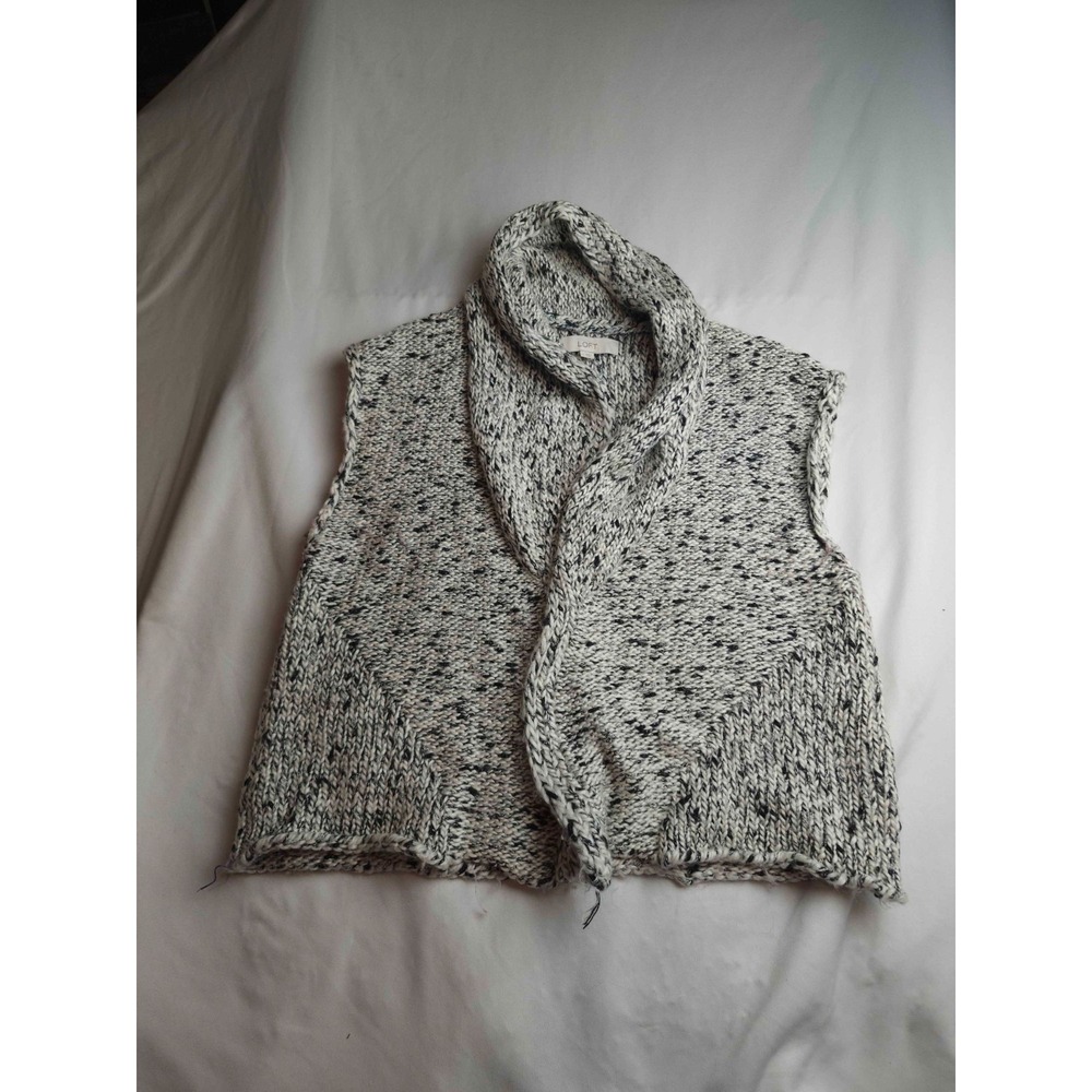 LOFT Sweater Vest Womens Large White Black Chunky Knit Shawl Collar Open Front